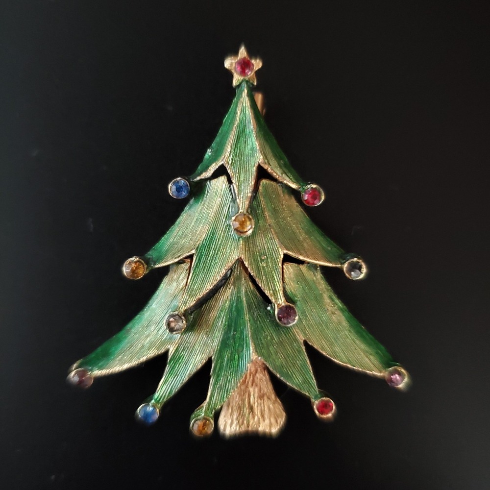 Rare Vintage Signed JJ Jonette Rhinestone Christmas Tree Holiday Green Gold Tone